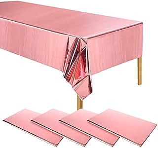 ELECLAND 4 szt. plastikowe pokrowce na stół w kolorze różowego złota, metaliczny obrus z tworzywa sztucznego w kolorze różowego złota 137 x 274 cm prostokątny różowy złoty foliowy pokrowiec na