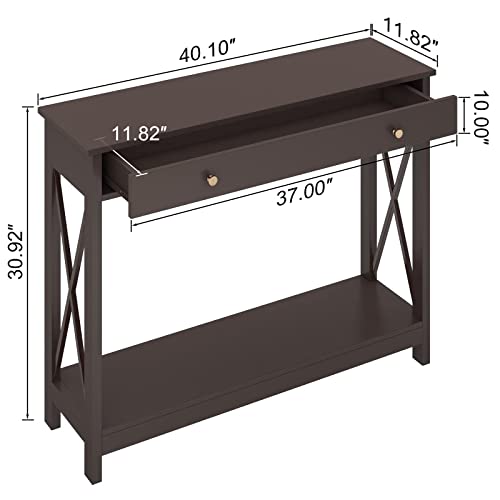 Treocho Oxford Design Console Table With Drawer And Storage Shelves, Foyer Sofa Table Narrow For Entryway, Living Room, Hallway, Espresso #TOP3