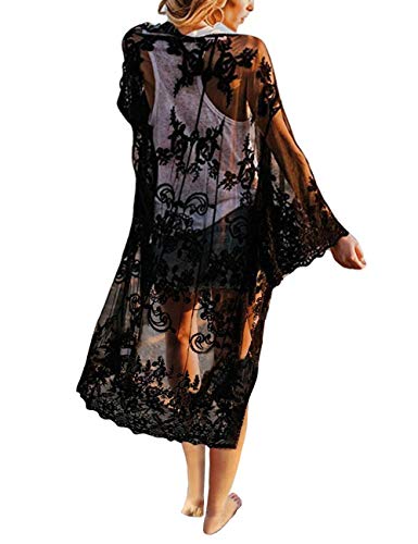 Women's Crochet Floral Lace Bikini Swimsuit Beach Cover Up Long Vintage Kimono Cardigan Dress