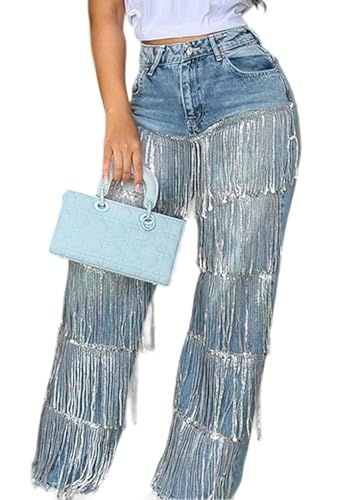 Women's Sequin Tassels Jeans Sright Leg Baggy High Waist Y2K Sparkly Fringe Raw Hem Feather Denim Pants