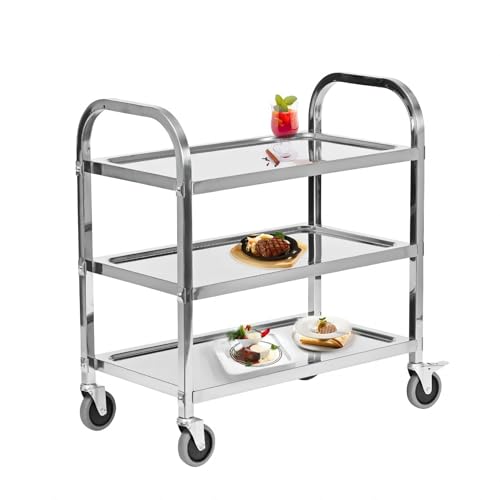 HLC 3 Tier Stainless Steel Serving Catering Trolley Wheels Utility Cart Kitchen Cart Serving Trolley with Locking Wheels for Kitchen Hotels - 750x400x835MM