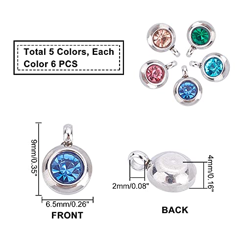 UNICRAFTALE 30pcs 5 Colors Flat Round Rhinestone Pendants 9mm Crystal Birthstone Stainless Steel Linking Charm Mixed Color Faceted Jewelry Charms for Jewelry Making Hole 2mm - Image 4
