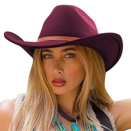 Image of DRESHOW Cowboy Hat for Women and Men Western Felt Cowboy Cowgirl Hat Wide Brim Belt Buckle Retro Fedora Hats Unisex Caps