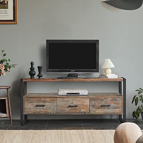 sofutoo Maximize Storage with 60 Inch Reclaimed Wood Media Console Table, Antique Finish, 3 Drawers and Open Shelf for Living Room