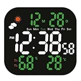 Grande orologio da parete digitale LCD con previsioni meteo, temperatura e umidità, doppio allarme, luminosità regolabile, design moderno per casa, ufficio, camera da letto (verdeA)
