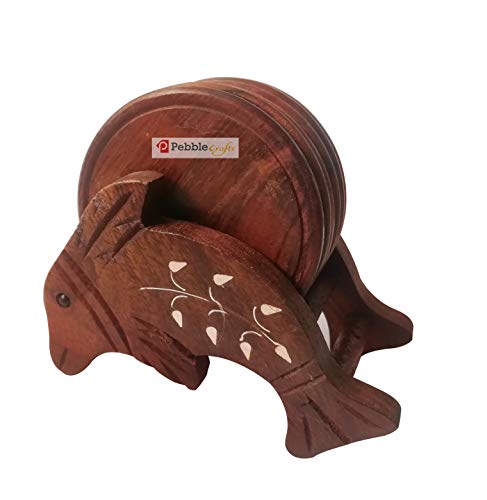 Image of Pebble Crafts Wooden Handmade Fish Shaped Set of 6 with Decorative Holder Tabletop Coasters for Tea Coffee Cups Mugs Beer Cans Bar Glass Indian Handicrafts