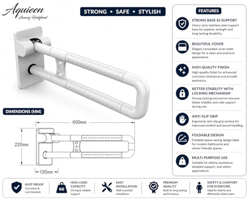Image of Aquieen Folding Grab Bar for Bathroom & Toilet | Heavy Duty Wall Mounted Handicap Support Rail | Stainless Steel Safety Handle for Elderly, Disabled & Pregnant Women | Anti-Slip Grip | White (8444 H)