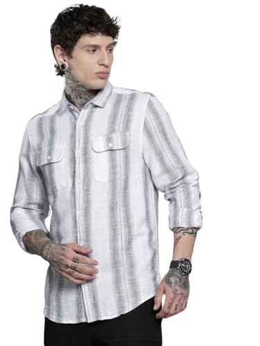 Chemise pour homme rayée blanche coupe ajustée manches longues mode casual taille L