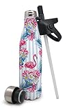 NERTHUS Termo Doble Pared para Frios y Calientes Diseño Flamencos de Acero Inoxidable Con Tapon Pajita, 0.5 L