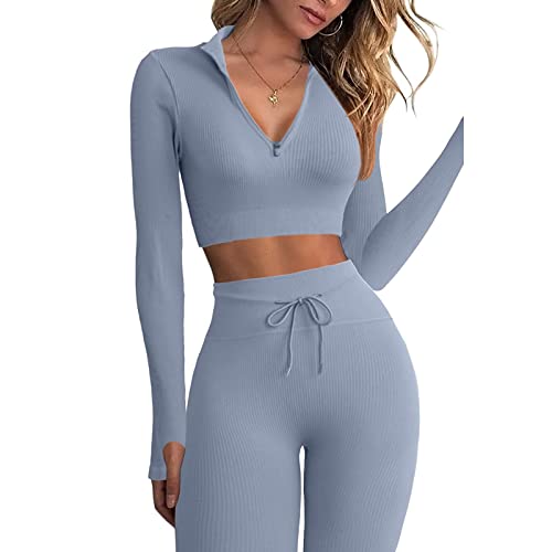 JN JANPRINT Nahtlose Damen Sport Sets 2 Stück Yoga Set Langarm Crop Top +Hohe Taille Leggings Bekleidungssets Workout Sportanzüge Cover