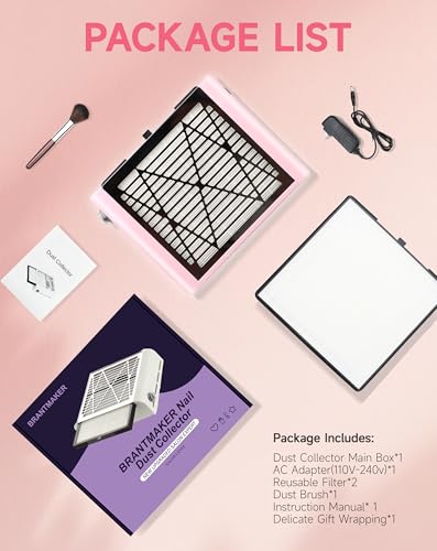 Image of BRANTMAKER Nail Dust Collector with Brush and 2 Reusable Filters (Pink) | Vacuum Dust Fan for Acrylic Nails