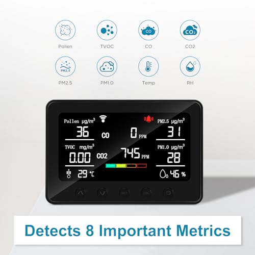 Smart-Air-Quality-Monitor-Indoor-Air-Quality-Meter-Detects-Pollen-CO-PM25-PM10-CO2-TVOC-Humidity-Temp-App-for-ConfigurationData-History-and-Alerts-Connected-with-5GHz-Wi-Fi