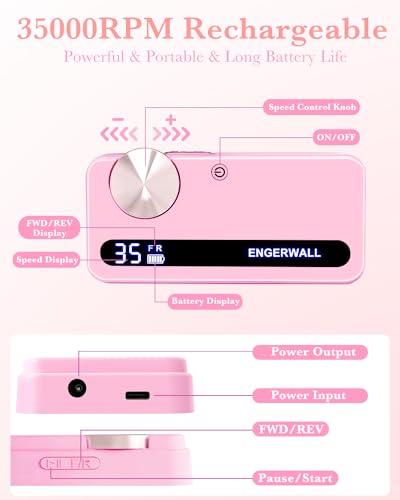 ENGERWALL 35,000 RPM Professional Electric Nail Drill, Rechargeable Cordless E-File for Acrylic and Gel Nails LCD Display - Image 2