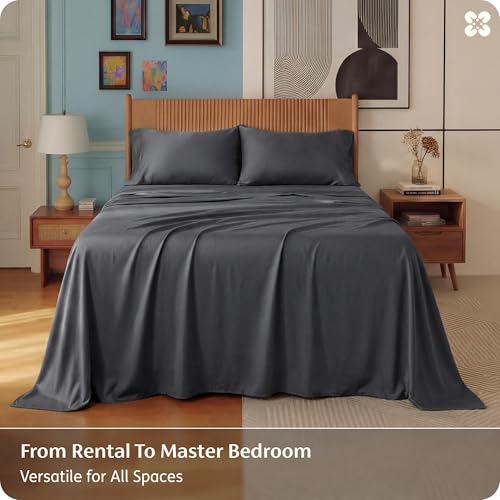 Image of Bedsure Full Size Bed Sheets, Cooling Sheets, Rayon Derived from Bamboo, PureWoven, Breathable & Soft, Deep Pocket Up to 16 Inches, Hotel Luxury Silky Bedding for Hot Sleepers, Charcoal