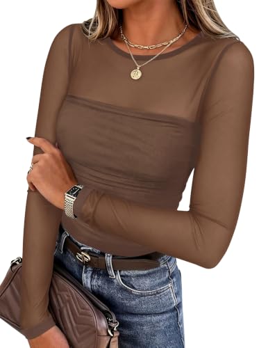 Blouse Zeagoo maille filet manches longues femme, marron