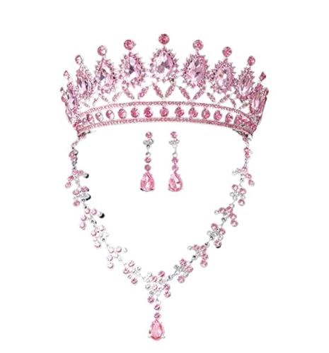 High-End Bridal Three-Piece Set - Necklace, Earrings & Crown For Wedding Season(Silver Pink)