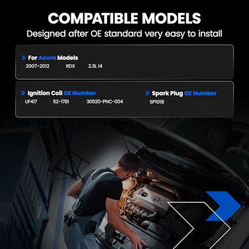 Image of Set of 4 Ignition Coil Pack UF417 and Iridium Spark Plugs SP1018 4 Pack Compatible with Acura RDX 2007 2008 2009 2010 2011 2012 2.3L TSX 2004-2008 2.4L l4 Replaces 52-1781 30520-PNC-004