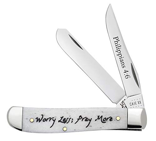 XX WR Pocket Knife Mini Trapper Worry Less, Pray More Natural Smooth Bone Item #60869 - (6207 SS) - Length Closed: 3 1/2 Inches Closed