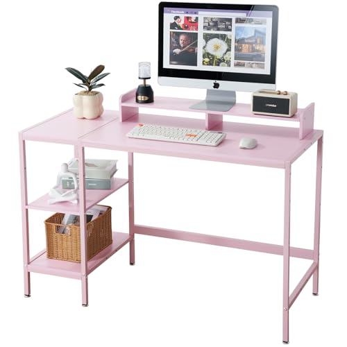 MINOSYS 47-inch Computer Desk with Storage Shelf - Ideal Gaming Desk for Bedrooms Small Spaces and Home Offices Modern Writing Desk for PCs Pink Table.