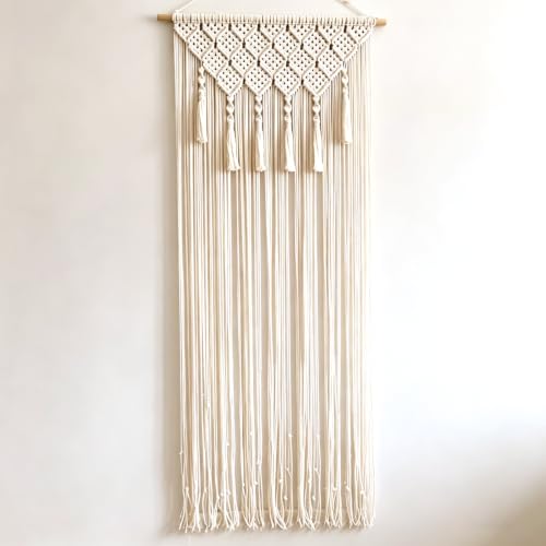 NIYATA Grande tapisserie bohème, beige, style bohème, 65 x 200 cm, rideau de porte, rideau de fenêtre, rideau en macramé