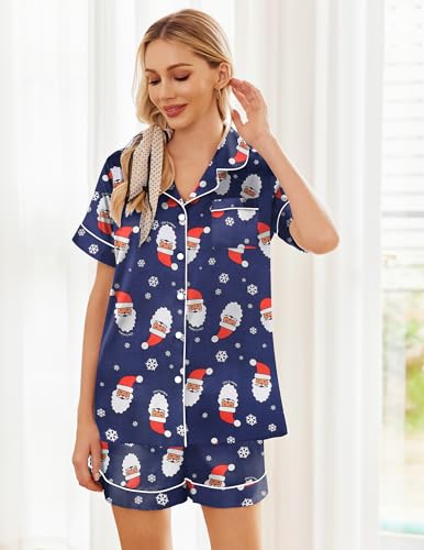 Image of Ekouaer Womens Silk Satin Pajama Sets Soft Short Sleeve Button Down Sleepwear Top and Shorts 2 Piece Pjs Lounge Set