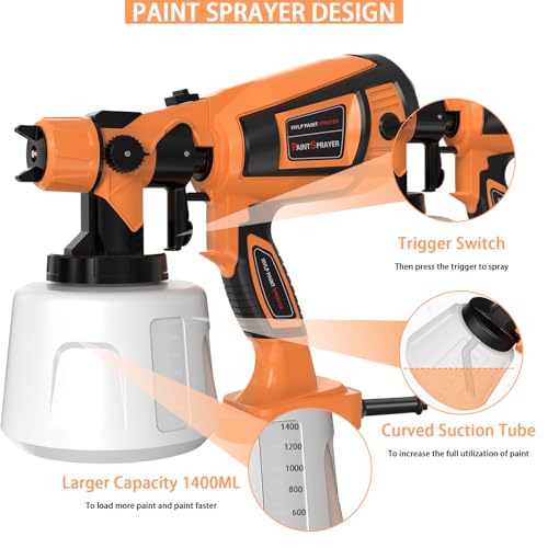 TOPALL Farbsprühsystem Wandfarbe,850W 32000PRM 1400ML HVLP Farbspritzpistole,Farbsprühpistole Wandfarbe,Farbsprühgerät,mit 5 Düsen und 3 Muster,Farbpistole für Wandfarbe,Gartenzaun, Wände,Yellow