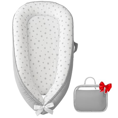 Image of Macardac Baby Nest for Newborn – 100% Cotton, Safe, Breathable & Soft (0-24 Months), Portable Infant Pillow, Baby Pillow (Grey Star)