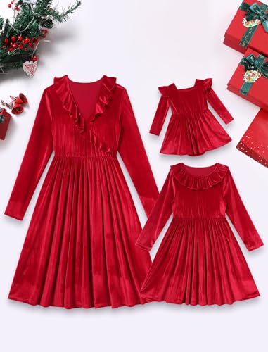 AWIBMK Mommy and Me Dresses V Neck Solid Color Velvet Ruffle Christmas Dress Long Sleeve Xmas Party Family Matching Outfits2