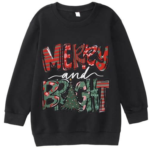 MERRY and BRIGHT Christmas Sweatshirts for Kids Boy Girl Xmas Pullover Shirt Crew Neck Tops Long Sleeve Fall Clothes