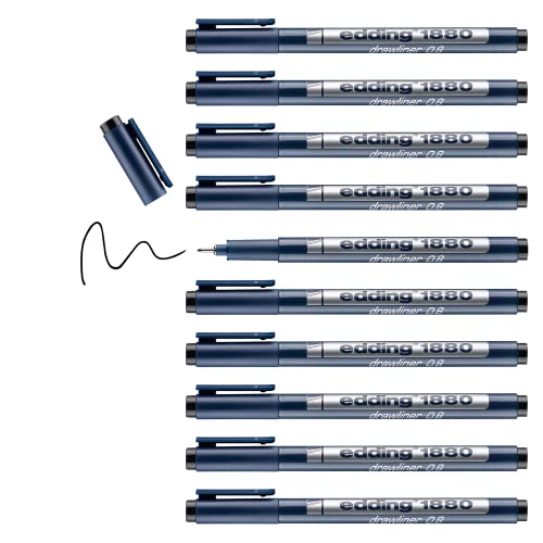 edding 1880 Präzisionsfeinschreiber - schwarz - 10 Stifte - Linienbreite 0,8 mm - Fineliner zum präzisen Schreiben und Skizzieren - feine, metallgefasste Spitze - Lineal- und schablonengeeignet