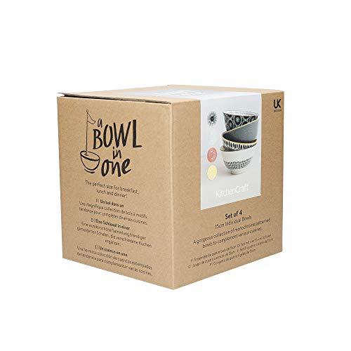 KitchenCraft Patterned Cereal Bowl Set in Gift Box, 4 Ceramic Bowls Ideal for Ice Cream, Soup and More, 'Monochrome' Designs, 15cm – Ansicht 3
