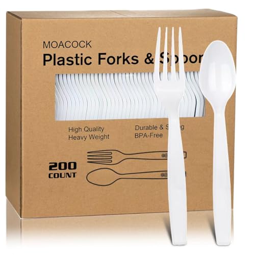 Image of MOACOCK 200 Count White Plastic Silverware, Heavy Weight Plastic Forks Spoons Disposable Utensils Cutlery Set for Wedding Party Supplies Everyday Use