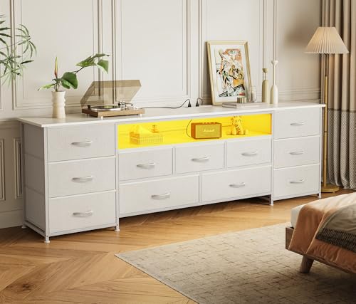 Huuger 70 Inch TV Stand for 75, 80 Inch TV, 11 Drawer Long Dresser with Power Outlets and LED Lights, Entertainment Center with Storage, White Dresser with PU Leather Surface