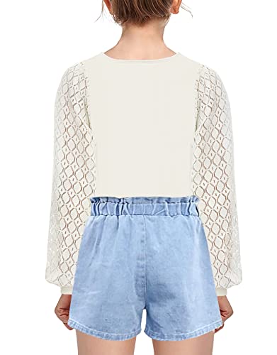 Image of Geckatte Girls Long Sleeve Shirts Square Neck Ribbed Blouse Lace Tops | Casual, Solid, Kids Cute Lace Puff Sleeve Tees, Lantern Long Sleeve, Ribbed Knit T Shirts, 5-14 Years