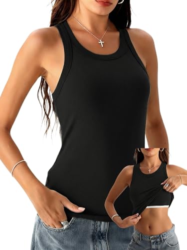 Danysu High Neck Ribbed Cotton Tank Tops for Women with Built in Bra Non See Through Thick Strap...