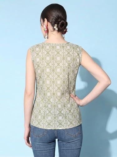 Image of Sleeveless Kurti for Women Pure Cotton Stylish Round Neck Printed Ethnic Short Kurti Jeans Top Casual Office