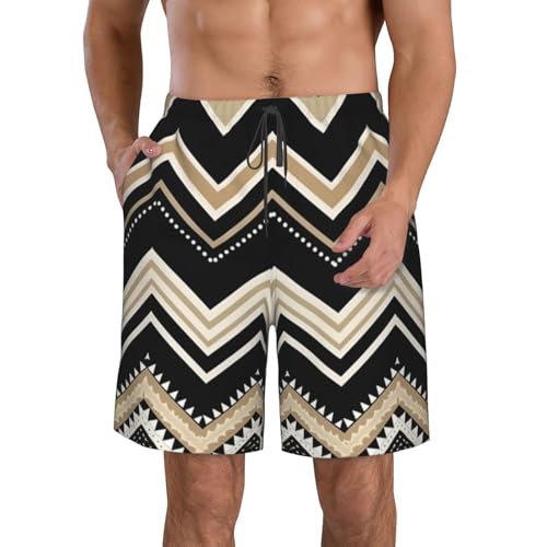 Black White Tan Zigzag Men's Swim Trunks Quick Dry Board Shorts with Pockets Casual Drawstring Beach Shorts