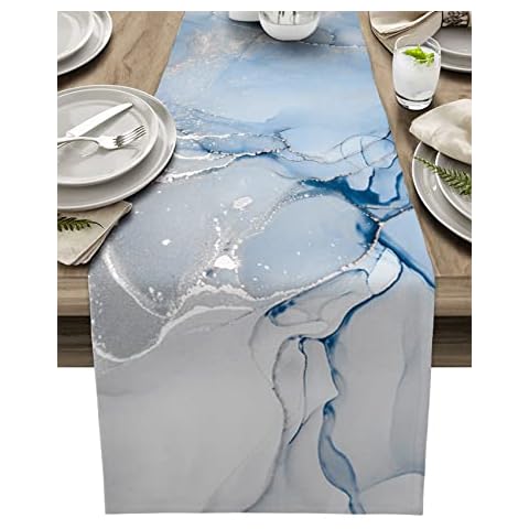 ZOE GARDEN Marble Table Runner 72 Inches Long - Ombre Blue Marble Grey Farmhouse Modern Kitchen Dining Burlap & Cotton Tablerunner for Small/Round/Square/Coffee/Dining Table Party Home Dﾃｩcor 14x72 Cover