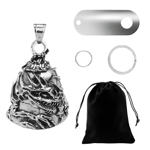Campana de Dragón Calavera, Accesorio de campana Motociclista o Llavero Guardian de Suerte para Moto Guardiana Abalorios de Plata de ley con Diseño de Campana de Dragón para Buena Suerte Carretera