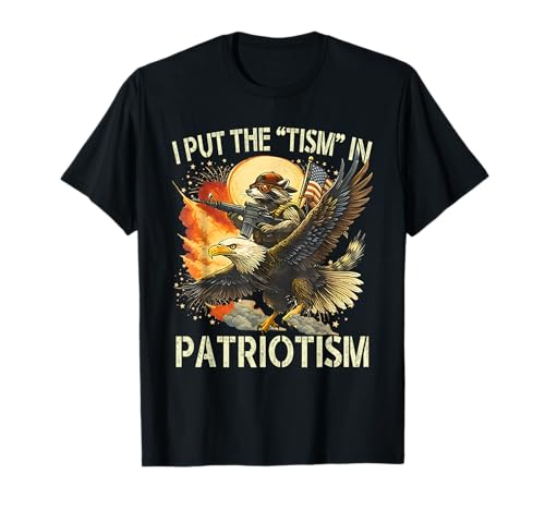 I Put The Tism in Patriotism Retro Eagle Raccoon USA Flag T-Shirt
