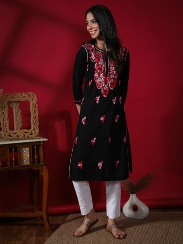 Image of Seva Chikan Hand Embroidered Lucknowi Chikankari Regular Straight Cotton Kurta Kurti for Women SCL4243