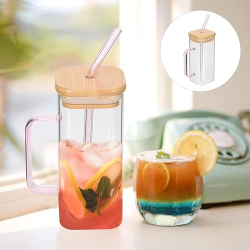 Image of ANKUL Random Clour Squre Glass Sipper Tumbler Tea Coffee Can with Wooden Lid and Straw - 400ml - Pack of 2 - Fruit Milk Juice Cup Glass Straw (Square Mug Wooden Lid, 2)