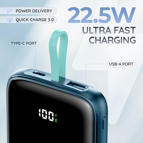 Image of Pebble Rapid Electra10 Power Bank |10000mAh, 22.5W Ultra Fast Charging | Digital Display | Built-in Cable | Type-C & USB-A Ports Compatible with Android Phones & iOS Devices | Pocket Size - Blue