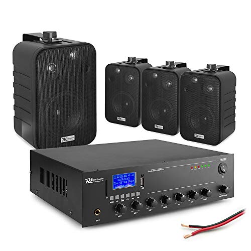 Background Music PA System with 4x Power Dynamics 4 Wall Speakers & 50W Bluetooth Mixer Amplifier - 100V Audio Installation for Cafés Bars Shops Restaurants (Black)