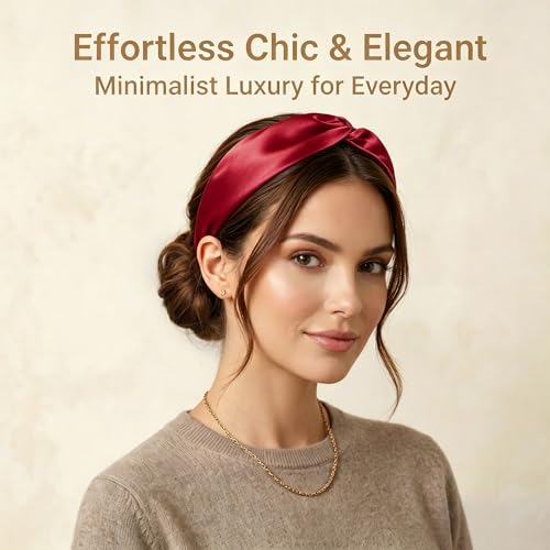Image of ZLYC Mulberry Silk Headband for Women's Hair, Solid Burgundy | smooth luxury real silk, stretch elastic no slip fit, makeup spa skincare use, travel daily wear,boho fashion hair accessory