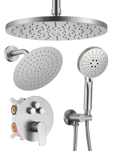 Image of Woindo Shower Faucet Set 10 inch Rain Shower Head /8'' Side Shower Head and 3 Setting Handheld Ceiling Mount 3 Push Button Diverter Complete Rainfall Round Shower System Included Valve Trim Kit