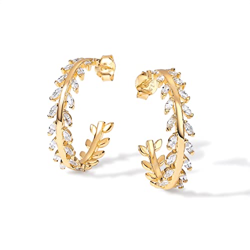 PAVOI 14K Gold Plated 925 Sterling Silver Post Cubic Zirconia Leaf Hoop Earrings | Gold Hoop Earrings for Women