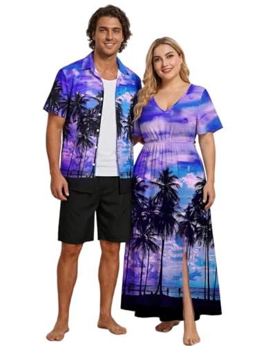 Image of Matchable Couple Hawaiian Sea Beach Starfish Turtle Shell Print Shirt or Plus Size Midi Split A Line Dress