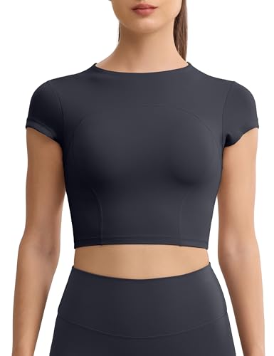Image of ENERBLOOM Workout Crop Tops for Women Yoga Short Sleeve Mild Support Slim Fit Cropped Athletic Shirts Gym Tee Built in Bra