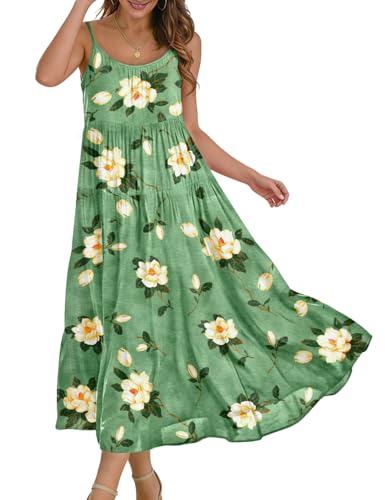 Image of YESNO Summer Bohemian Floral Dresses for Women Spaghetti Straps Maxi Dress Casual Flowy Dresses with Pockets ES0